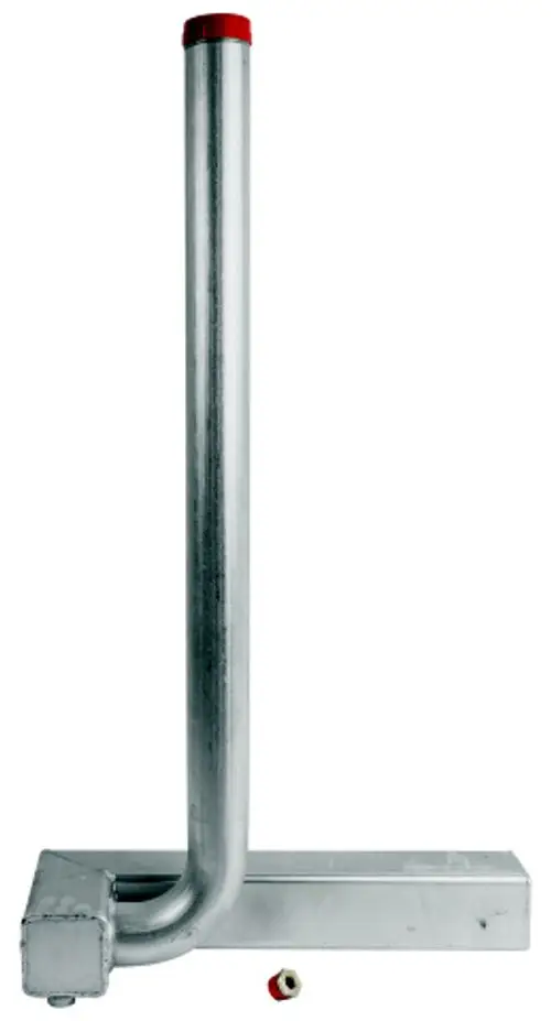 Vorlauf-Gussblock von Wolf mit senkrechtem Metallrohr und verschiedenen Anschlussmöglichkeiten, senkrecht auf einer Basis montiert. Roten Deckel am oberen Ende.
